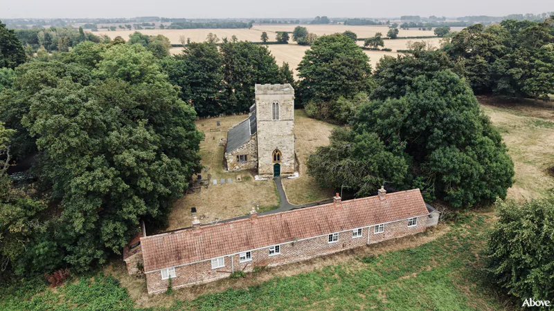 Aerial photograph of the church in Ashby cum Fenby, Lincolnshire.