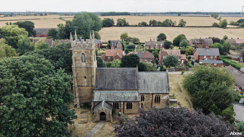 Aerial photograph of the church in Aylesby, Lincolnshire.