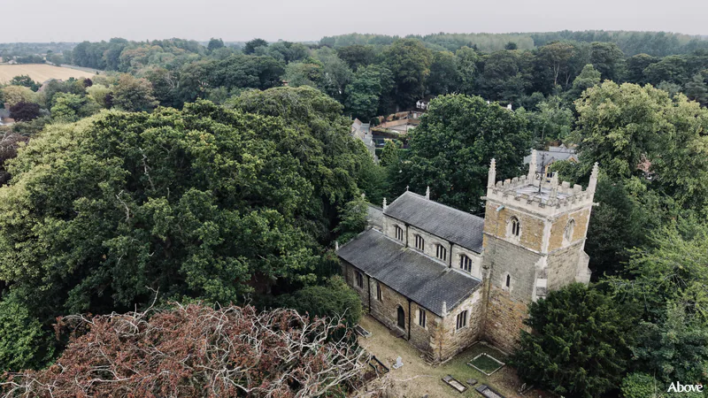 Aerial photograph of the church in Barnoldby le Beck, Lincolnshire.