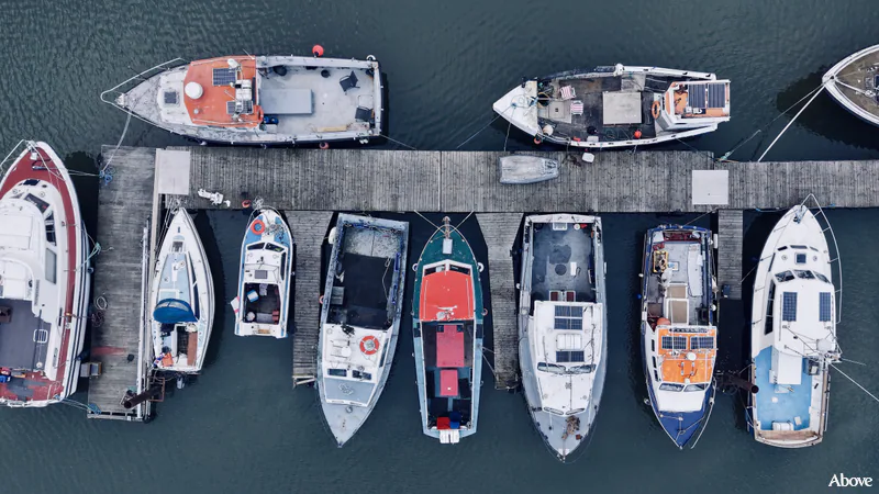 Aerial photograph of boats at Grimsby Docks.
