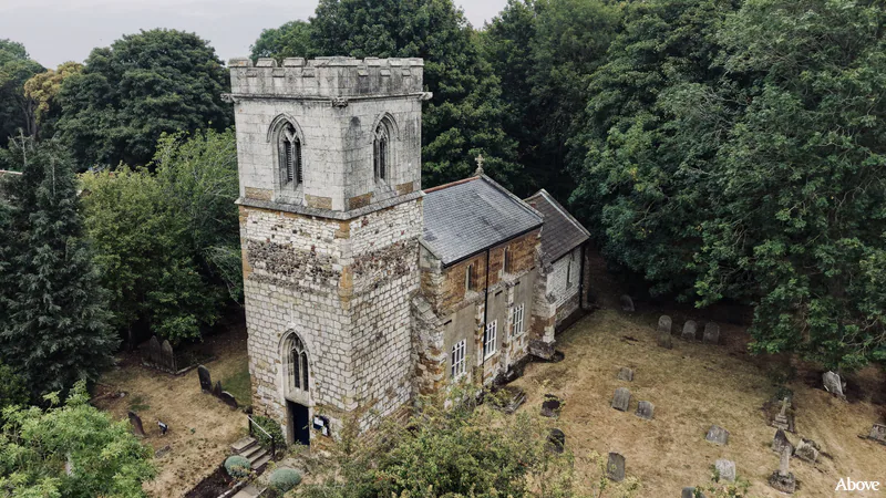 Aerial photograph of the church in Brigsley, Lincolnshire.