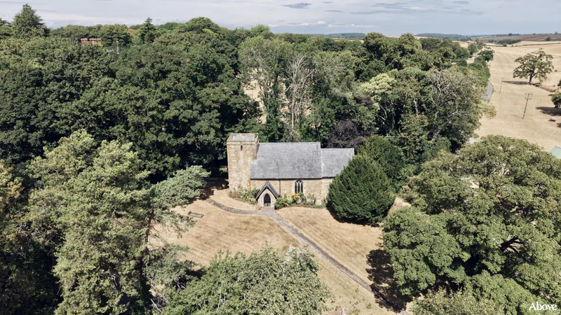 Aerial photograph of the church in Cuxwold, Lincolnshire.