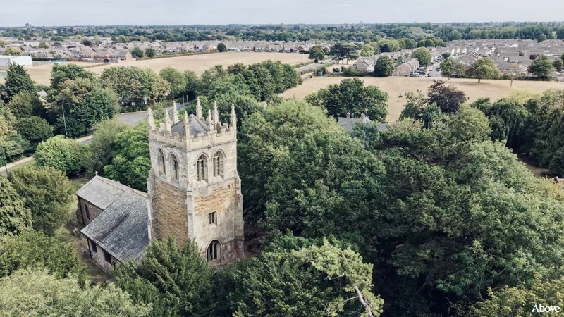 Aerial photograph of the church in Great Coates, Lincolnshire.