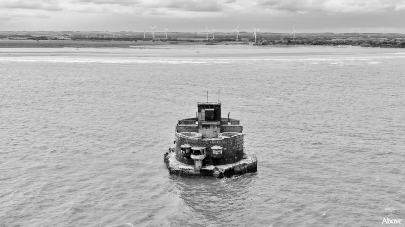 Black-and-white aerial photograph of Haile Sand Fort in the Humber Estuary.