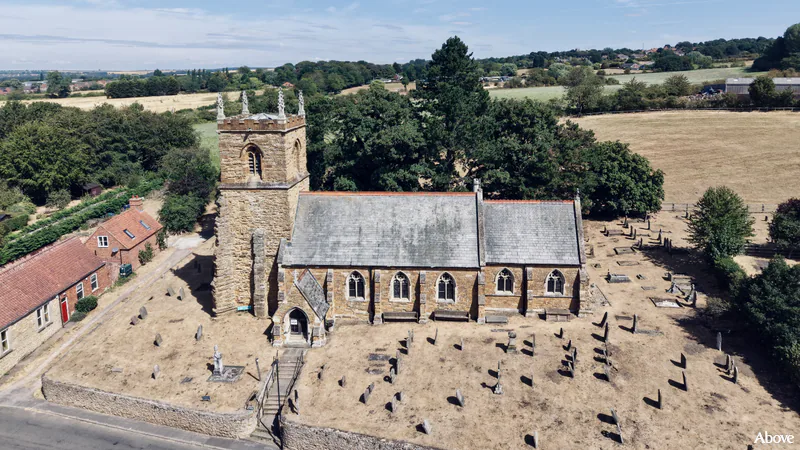 Aerial photograph of the church in Nettleton, Lincolnshire.